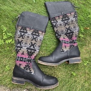 Tall Black Vegan Leather & Tapestry Boots Sz 9.5M Back Zip